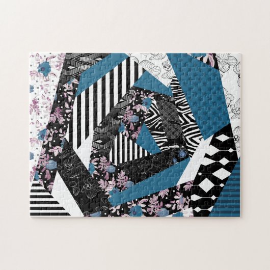 Blue patchwork, popular, patchwork, folk, rustic, ジグソーパズル (横)