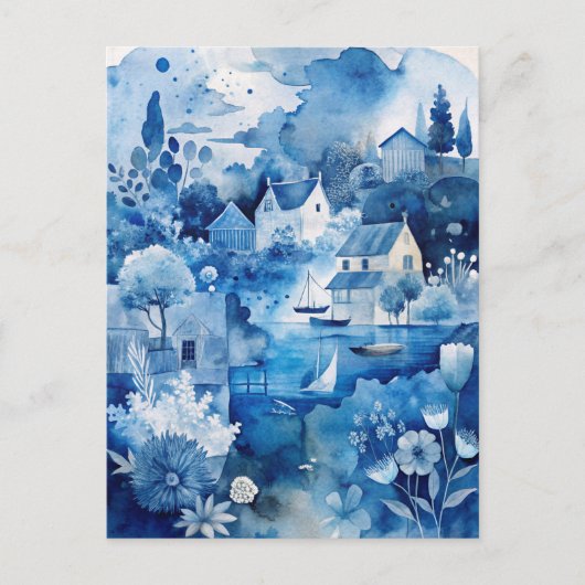 Blue Peaceful Coastal Nautical Seaside Cottages ポストカード (正面)