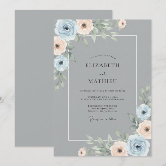 Blue Peach Botanical Romance Wedding 招待状 (正面/裏面)