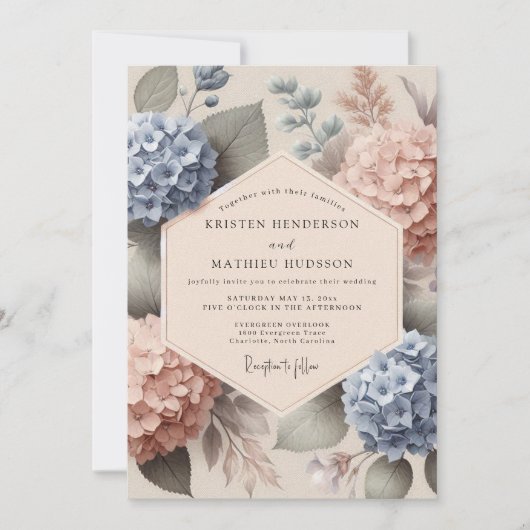 Blue Peach Hydrangea Botanical Wedding 招待状 (正面)