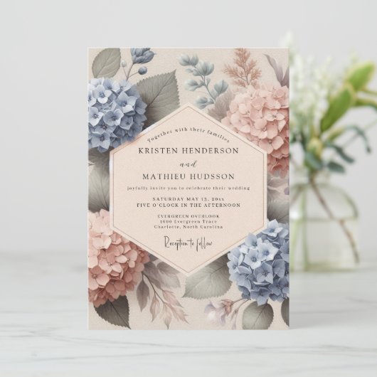 Blue Peach Hydrangea Botanical Wedding 招待状 (スタンド正面)