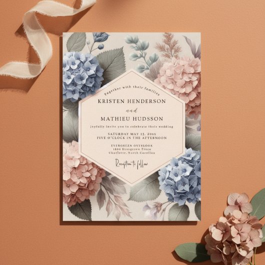 Blue Peach Hydrangea Botanical Wedding 招待状