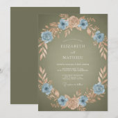 Blue Peach Wreath Romance Wedding 招待状 (正面/裏面)