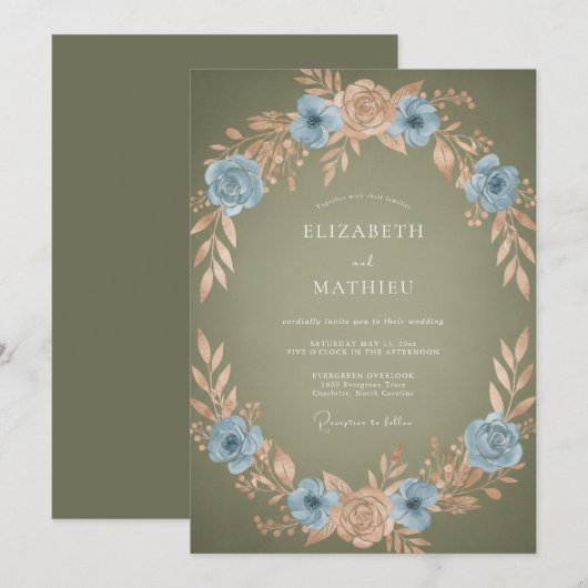 Blue Peach Wreath Romance Wedding 招待状 (正面/裏面)
