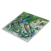 Blue Peacock Couple Green Golden Feathers Motif  タイル (側面)
