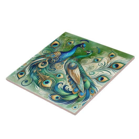 Blue Peacock Couple Green Golden Feathers Motif  タイル (側面)