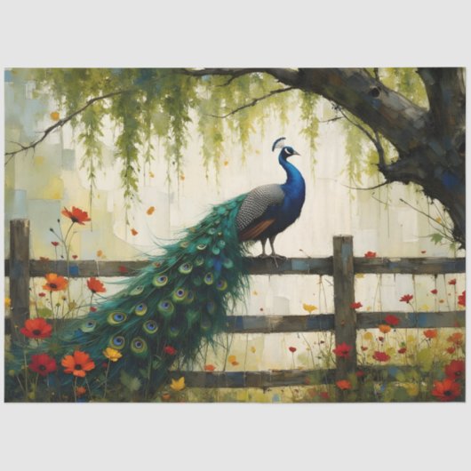 Blue Peacock on Split rail fence 薄葉紙 (正面)