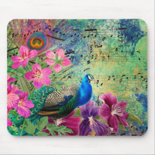 Blue Peacock Purple Pink Flowers Musical Notes マウスパッド