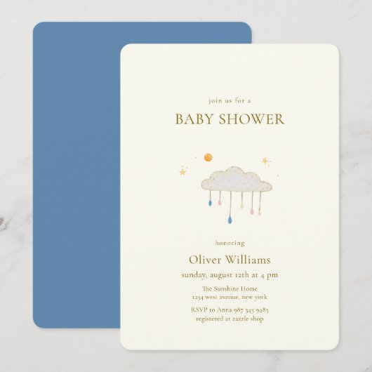 Blue Pearl Modern Elegant Raindrop Baby Shower 招待状 (正面/裏面)