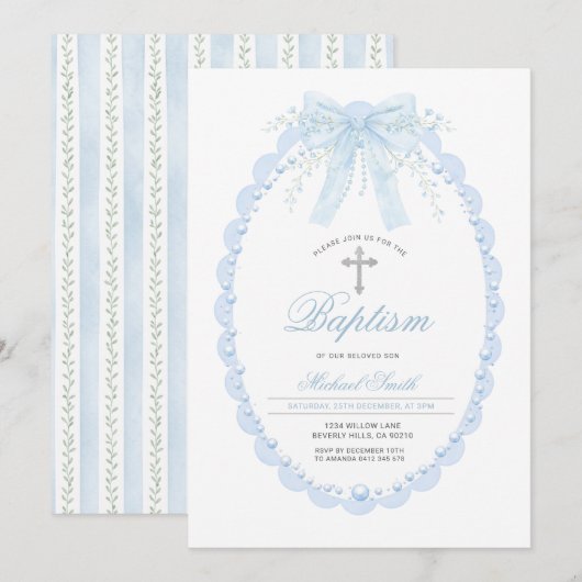 Blue Pearl Oval Baptism Boy Christening with Cross 招待状 (正面/裏面)