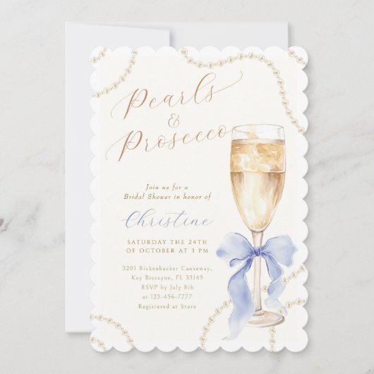 Blue Pearls and Prosecco Bridal Shower Invitation 招待状 (正面)
