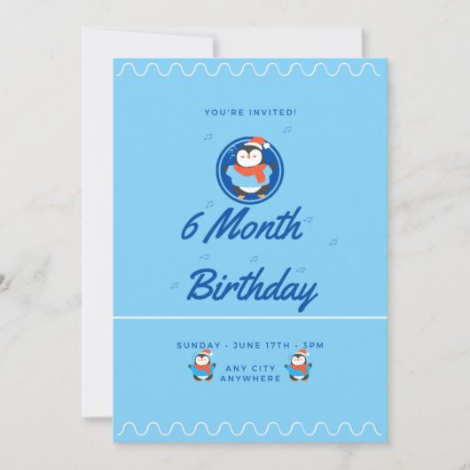 Blue Penguin 6 Month Birthday 招待状 (正面)