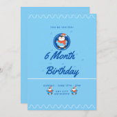 Blue Penguin 6 Month Birthday 招待状 (正面/裏面)