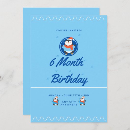 Blue Penguin 6 Month Birthday 招待状 (正面/裏面)