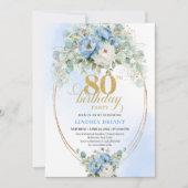 Blue Peonies Eucalyptus Greenery Gold 80th Invite 招待状 (正面)