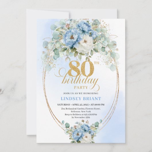 Blue Peonies Eucalyptus Greenery Gold 80th Invite 招待状 (正面)