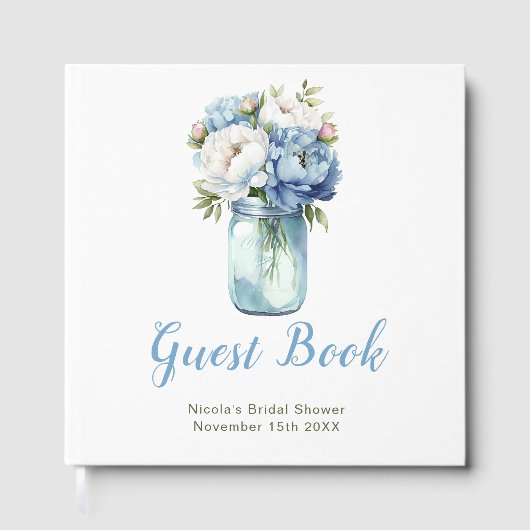 Blue Peonies Mason Jar Bridal Shower ゲストブック (正面)