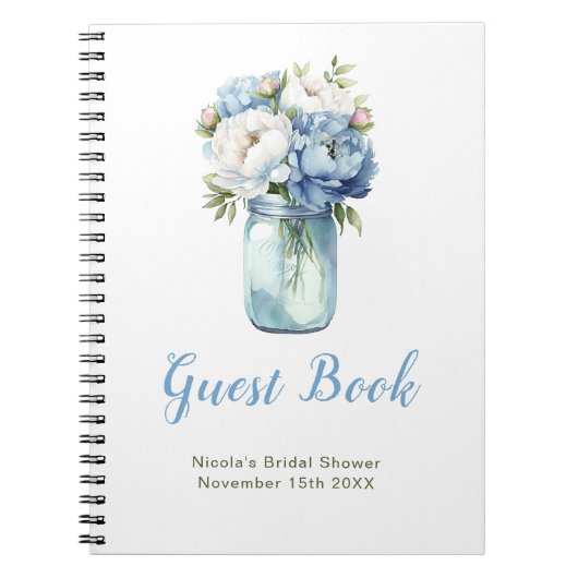 Blue Peonies Mason Jar Bridal Shower Guest Book ノートブック (正面)