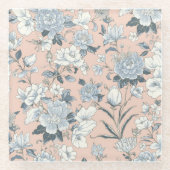 Blue Peonies Peach Botanical Vintage Floral ガラスコースター (正面)