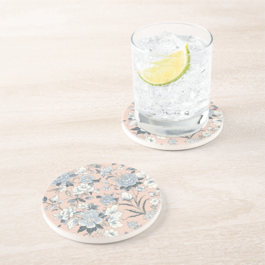 Blue Peonies Peach Botanical Vintage Floral コースター (側面)