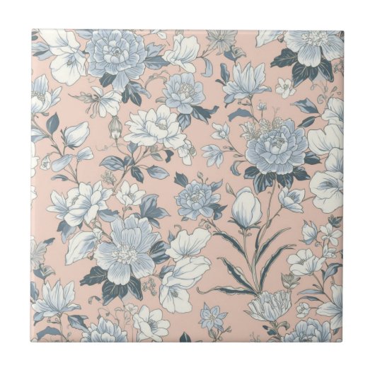 Blue Peonies Peach Botanical Vintage Floral タイル (正面)