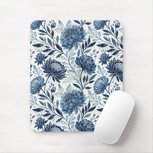 Blue Peony Garden Watercolor マウスパッド (マウス)