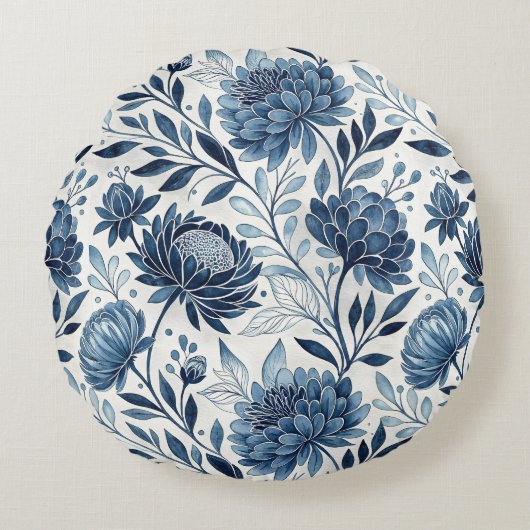 Blue Peony Garden Watercolor ラウンドクッション (正面)