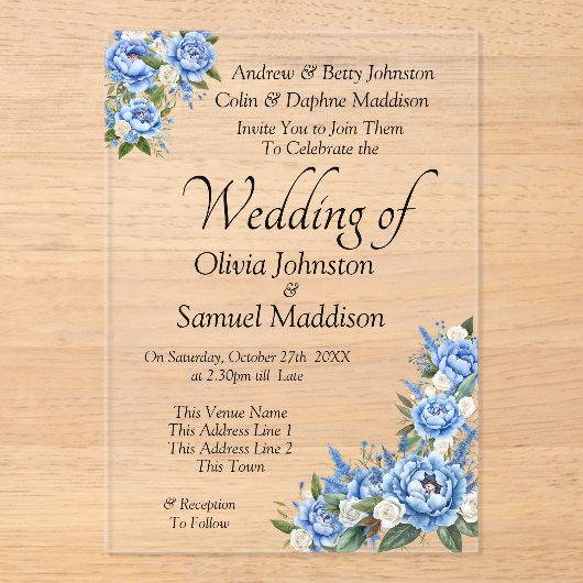 Blue Peony on Blue Wedding Suite  アクリル招待状 (正面)