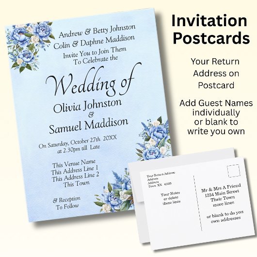 Blue Peony on Blue Wedding Suite Invitation  ポストカード