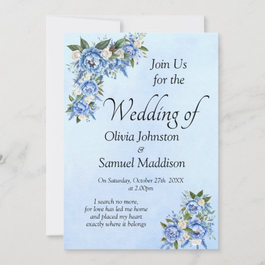 Blue Peony on Blue Wedding Suite Invitation 招待状 (正面)