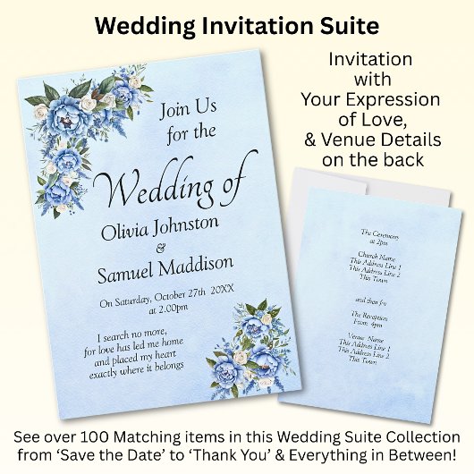 Blue Peony on Blue Wedding Suite Invitation 招待状