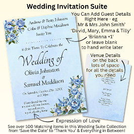 Blue Peony on Blue Wedding Suite Invitation  招待状