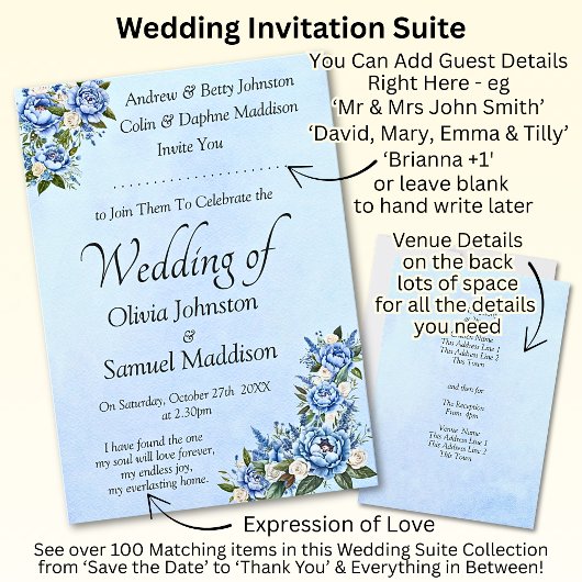 Blue Peony on Blue Wedding Suite Invitation 招待状