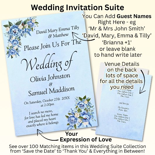Blue Peony on Blue Wedding Suite Invitation 招待状