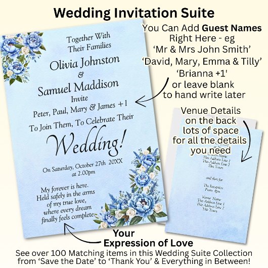 Blue Peony on Blue Wedding Suite Invitation 招待状