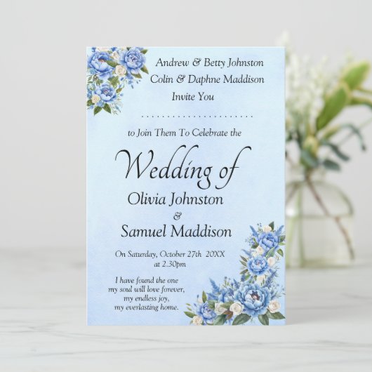 Blue Peony on Blue Wedding Suite Invitation 招待状 (スタンド正面)