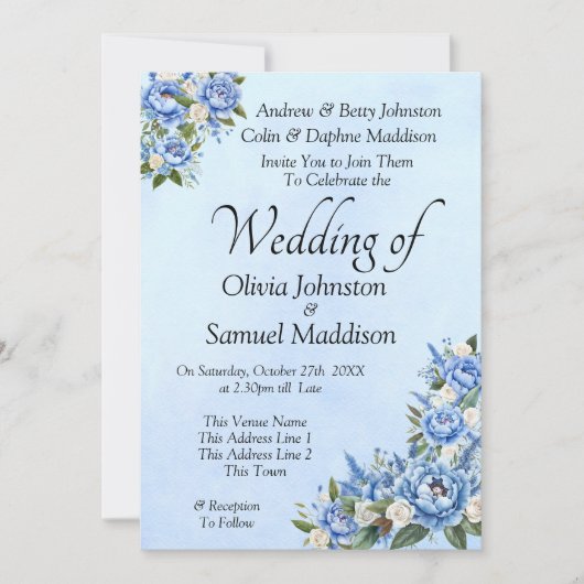 Blue Peony on Blue Wedding Suite Invitation #A 招待状 (正面)