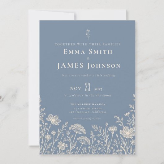Blue Periwinkle Wildflower Wedding Invitation ノートカード (正面)