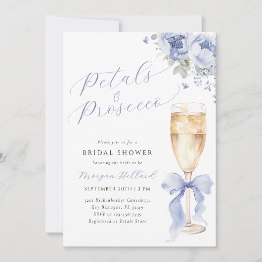 Blue Petals and Prosecco Bridal Shower Invitation 招待状 (正面)