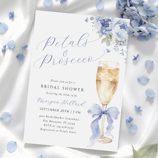 Blue Petals and Prosecco Bridal Shower Invitation 招待状