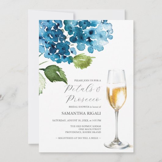 Blue Petals and Prosecco Bridal Shower Invitations (正面)