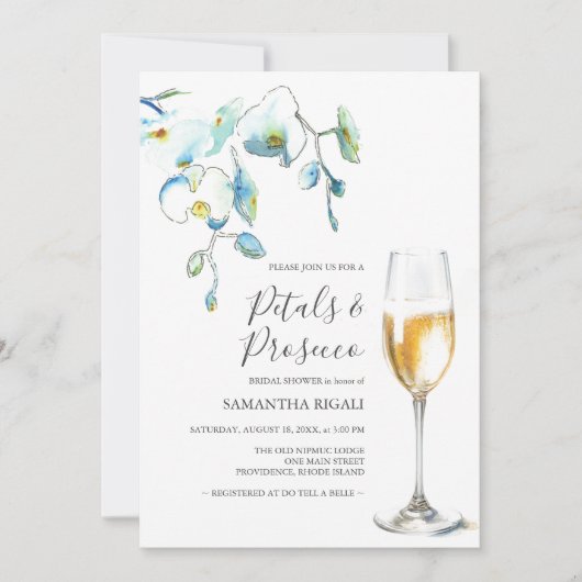 Blue Petals and Prosecco Bridal Shower Invitations (正面)
