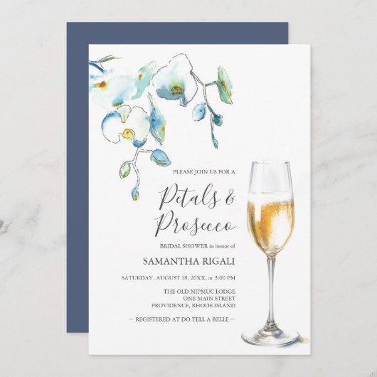 Blue Petals and Prosecco Bridal Shower Invitations (正面/裏面)