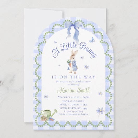 Blue Peter Rabbit Gingham Baby Shower 招待状 (正面)