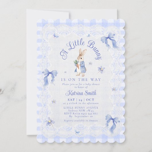 Blue Peter Rabbit Gingham lace Baby Shower 招待状 (正面)