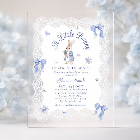 Blue Peter Rabbit Lace Baby Shower アクリル招待状