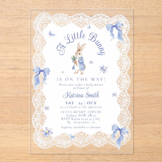 Blue Peter Rabbit Lace Baby Shower アクリル招待状 (正面)