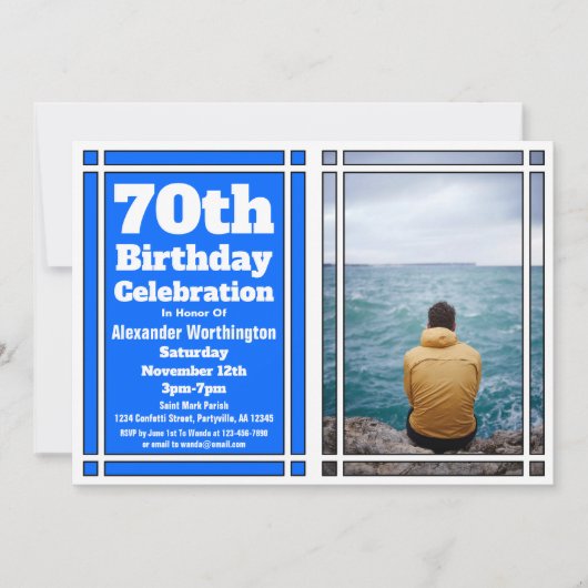 Blue Photo 70th Birthday Partyへの招待 招待状 (正面)