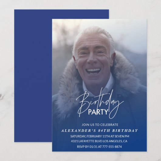 Blue Photo 84th誕生日パーティーへの招待 招待状 (正面/裏面)