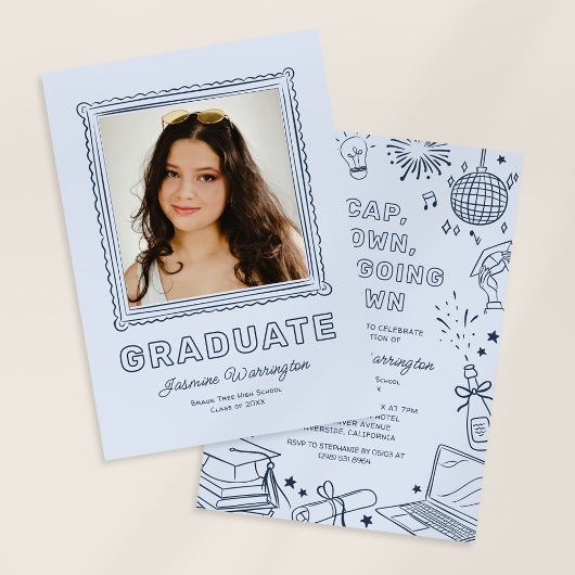 Blue Photo Doodle Graduation Invite Announcement 招待状